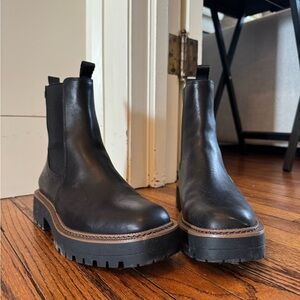 Sam Edelman Black Leather Lug-Soled Chelsea Boots with Brown Trim